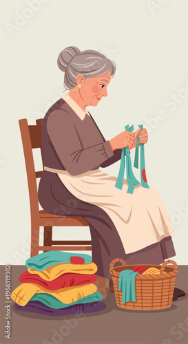 An elderly woman sitting on a wooden chair and mending colorful fabric clothes