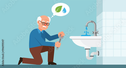 An elderly man kneeling to fix a leaking bathroom sink with a metal wrench tool