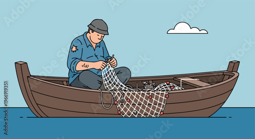 A man sitting in a small wooden boat on the water mending his white fishing net