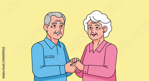 An illustration of a smiling elderly couple holding hands together affectionately