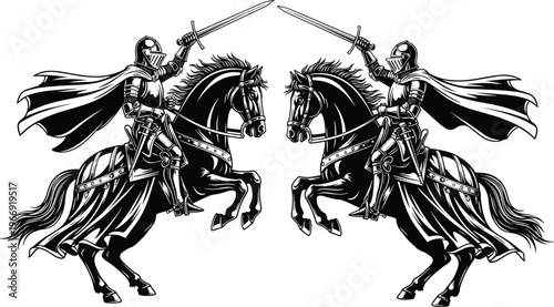Medieval knights on horseback with swords in mirrored combat pose, detailed black and white vector illustration for heraldic emblem fantasy battle design