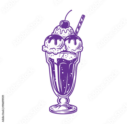 Purple ice cream sundae with cherry and straw in a tall glass  sweet dessert