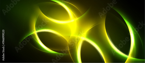 Abstract design features luminous yellow, green swirls. Dark background enhances glowing curves, creating dynamic visual effect.