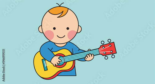 A cute cartoon baby with rosy cheeks is happily playing a small wooden guitar