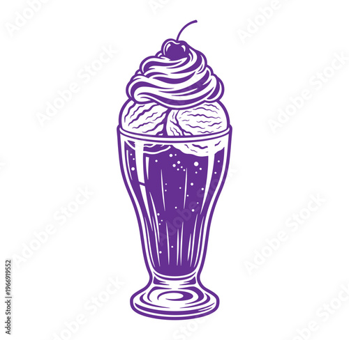 Purple ice cream sundae with whipped cream and cherry on top in a glass