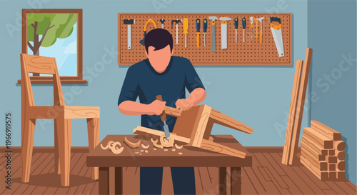 An illustration of a carpenter carving a wooden chair in a workshop setting