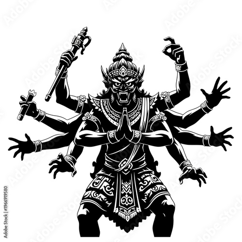 Detailed Illustration of a Multi-Armed Mythological Demon Figure.