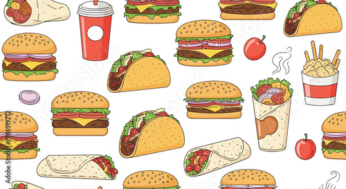 Mouth-watering seamless pattern featuring various fast food items like burgers, tacos, burritos, and drinks on a white background.