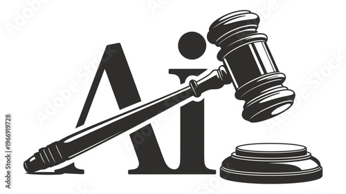 A detailed outline illustration showing "AI" text complemented by a professional legal gavel, representing AI's role in law.