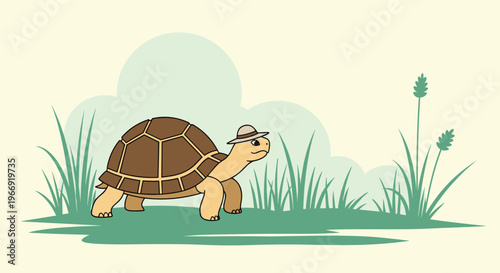 Adorable turtle character wearing a small brown hat walking through a grassy landscape with light green clouds in the background.