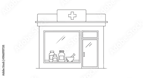 Pharmacy storefront, medical shop, healthcare building, vector illustration