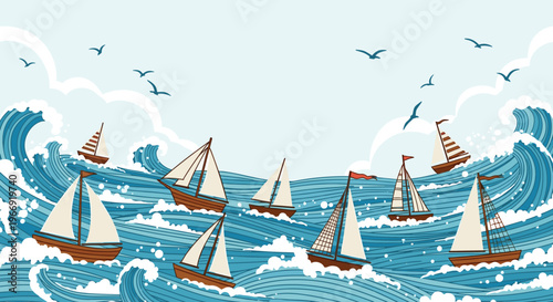 Dramatic illustration of several sailboats navigating through a stormy ocean with huge crashing waves under a cloudy sky with gulls.