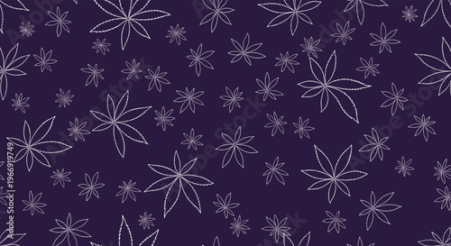 Bold seamless pattern featuring white hand drawn marijuana leaves of various sizes on a deep purple background for a trendy look.
