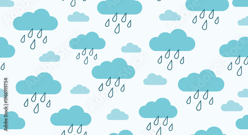 Seamless pattern featuring cute blue clouds and falling raindrops over a light blue background for weather themed decorative designs.