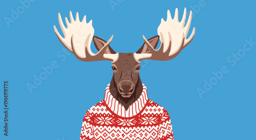 Charming illustration of a wild moose wearing a traditional red and white nordic christmas sweater against a bright blue background.