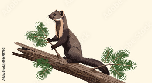 Wild pine marten sitting alert on a thick tree branch with evergreen pine needles against a plain neutral background for nature study.