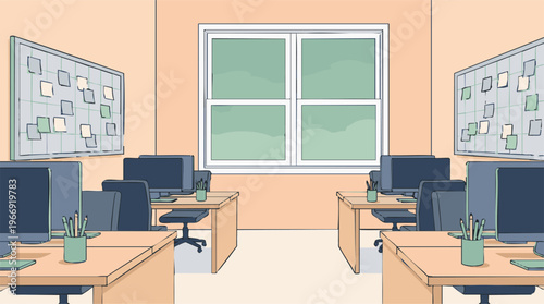 Modern Empty Office Interior with Desks, Computers, Window, and Bulletin Boards
