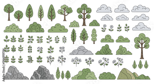 Comprehensive set of vector nature assets including various trees bushes clouds rocks and mountain peaks for environmental design.