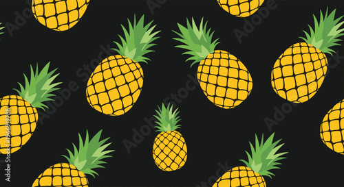 Bold tropical pattern showing ripe yellow pineapples with green leaves scattered across a dark black background for a modern look.