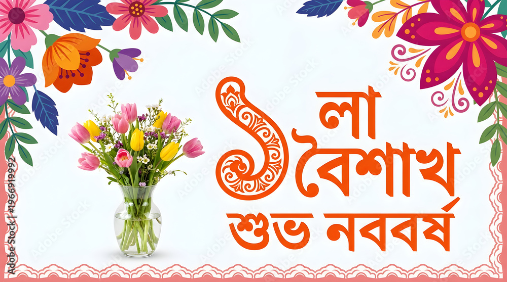 Obraz premium Beautiful floral greetings for a joyful bengali new year celebration