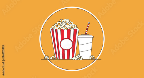 Classic cinema snack illustration with a red and white striped bucket of popcorn and a soda cup with a straw inside a gold circle.