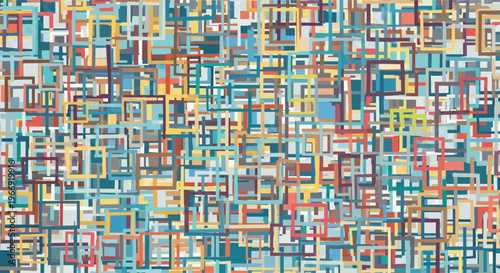 Complex abstract seamless pattern composed of many overlapping colorful rectangular frames creating a textured and vibrant grid.