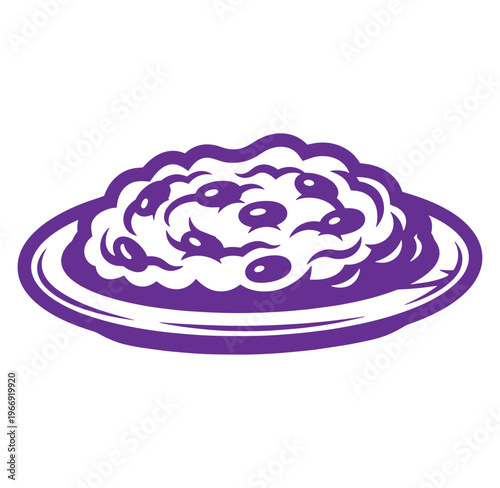 Purple illustration of a plate of noodles with olives on a plain white background