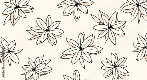 Simple seamless pattern of black line art star shaped flowers with soft shadows on a light cream background for elegant decor.
