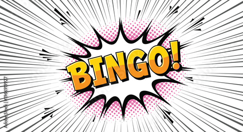 Loud and exciting comic book style bingo explosion burst with yellow letters on a purple halftone and radial line background.