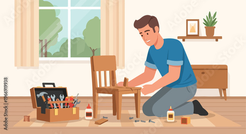 A man kneeling on a rug in a room repairs a small broken wooden chair by hand
