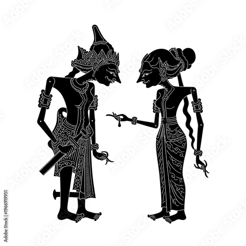 Detailed shadow puppets depicting traditional characters in monochrome.