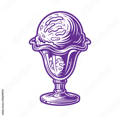 Purple illustration of a single scoop of ice cream in a dish