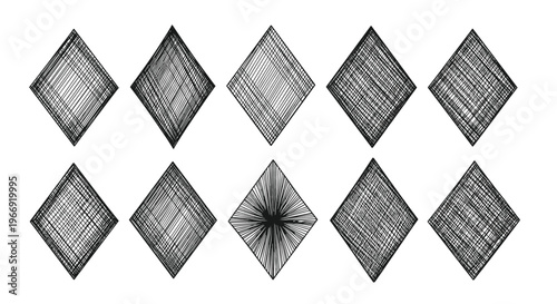 Collection of hand drawn diamond shapes with various crosshatching and line textures in black ink on a white background for design work.