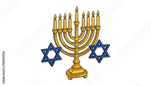 A gold menorah with blue Star of David icons on either side