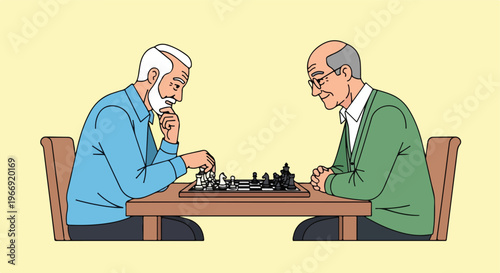 Two elderly men sitting at a table and playing a game of chess against each other