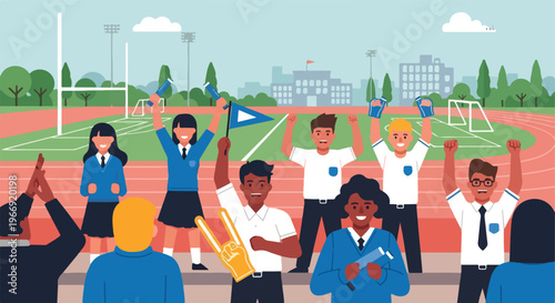 Diverse students in school uniforms cheering at a sports field track event