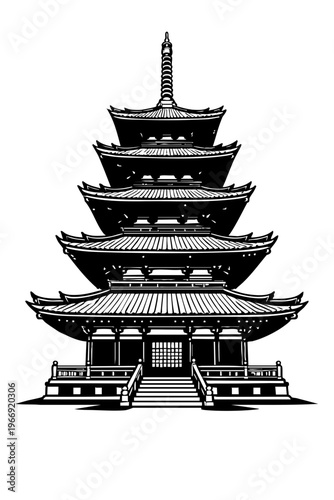 Low-angle perspective of a Japanese temple emphasizing tall roof tiers and curved eaves