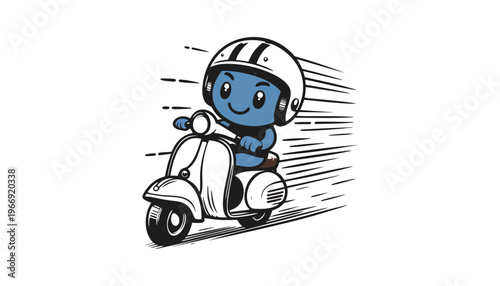A blue cartoon character riding a white scooter with a helmet