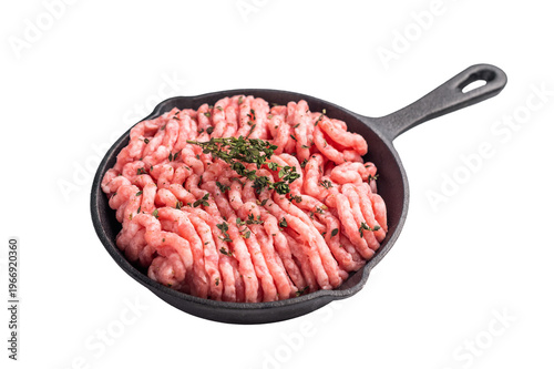 Ready for cooking raw ground pork and beef meat, fresh mince meat in skillet  isolated on white background. top view