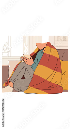 Person with no face sits on a sofa wrapped in a blanket holding a hot drink mug
