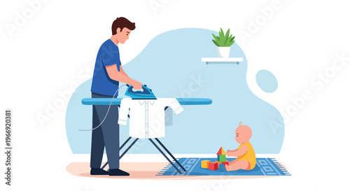 A man irons a shirt at home while a baby sits on the floor playing with blocks