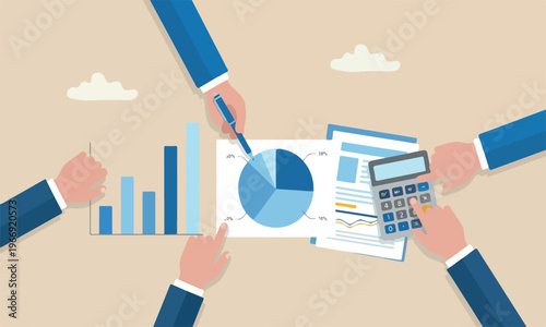 Finance, business hand pen reviewing pie chart and graph information report with calculator on office desk