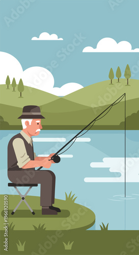 An elderly man sits on a folding chair by a lake, fishing with a long pole rod