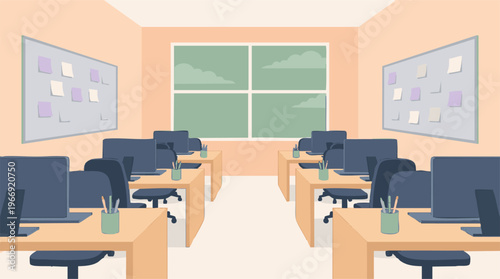 Modern Empty Office Workspace with Desks, Computers, and Bulletin Boards