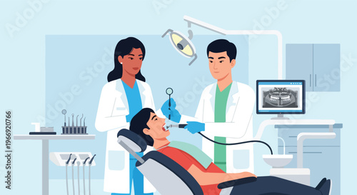 A male dentist and a female assistant provide dental care to a patient in chair
