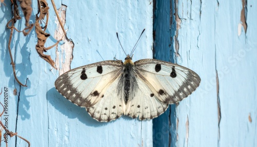 Close-up of a delicate white butterfly with black spots resting on weathered blue wood.