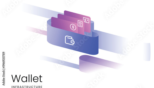 Isometric digital wallet infrastructure. Fintech payment cards, gradient mobile banking. Web3 finance secure online transaction. App design, blockchain. presentation websites, dashboards interface.