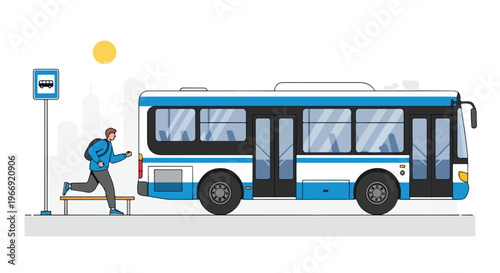 A man with a backpack runs to catch a bus at a city stop on a sunny morning