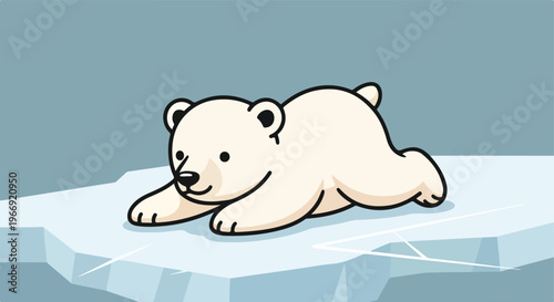 A cute cartoon polar bear cub resting flat on a piece of floating arctic ice