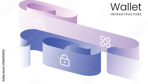 Isometric secure wallet infrastructure illustration. Lock, settings and network icons. Fintech, blockchain, web3, cybersecurity, payment platforms, dashboards. Marketing presentations, mobile apps UI